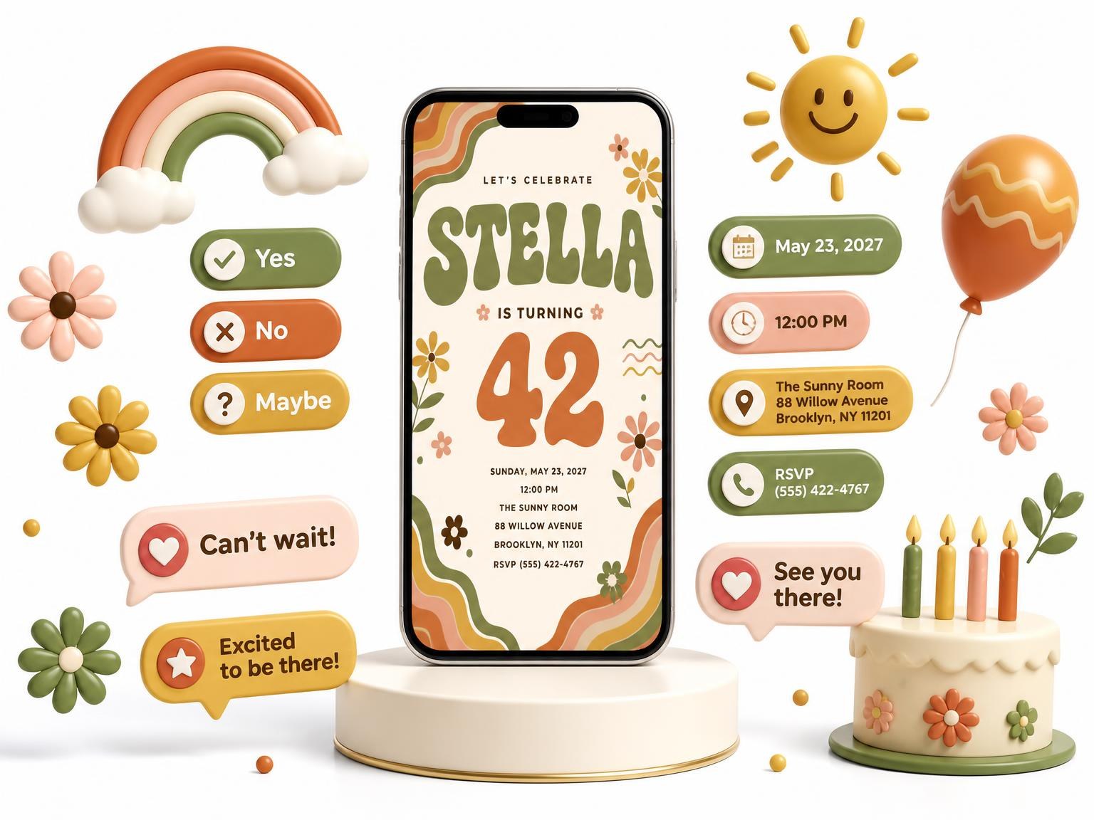 The Groovy Retro 42nd Birthday Invitation invitation on a phone, with guest RSVPs arriving around it