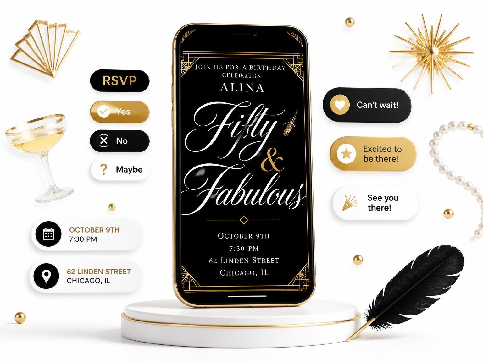 The Art Deco 50th Birthday Invitation invitation on a phone, with guest RSVPs arriving around it