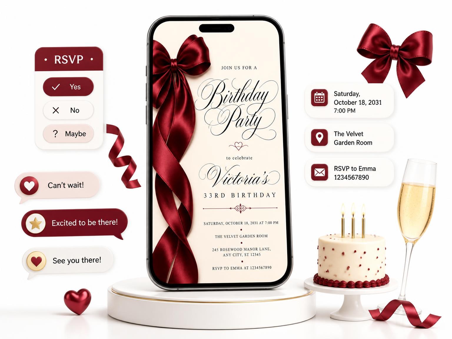 The Burgundy Satin Bow 33rd Birthday Invitation invitation on a phone, with guest RSVPs arriving around it