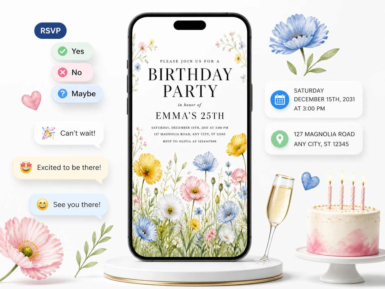 The Spring Floral Sprigs 25th Birthday Invitation invitation on a phone, with guest RSVPs arriving around it