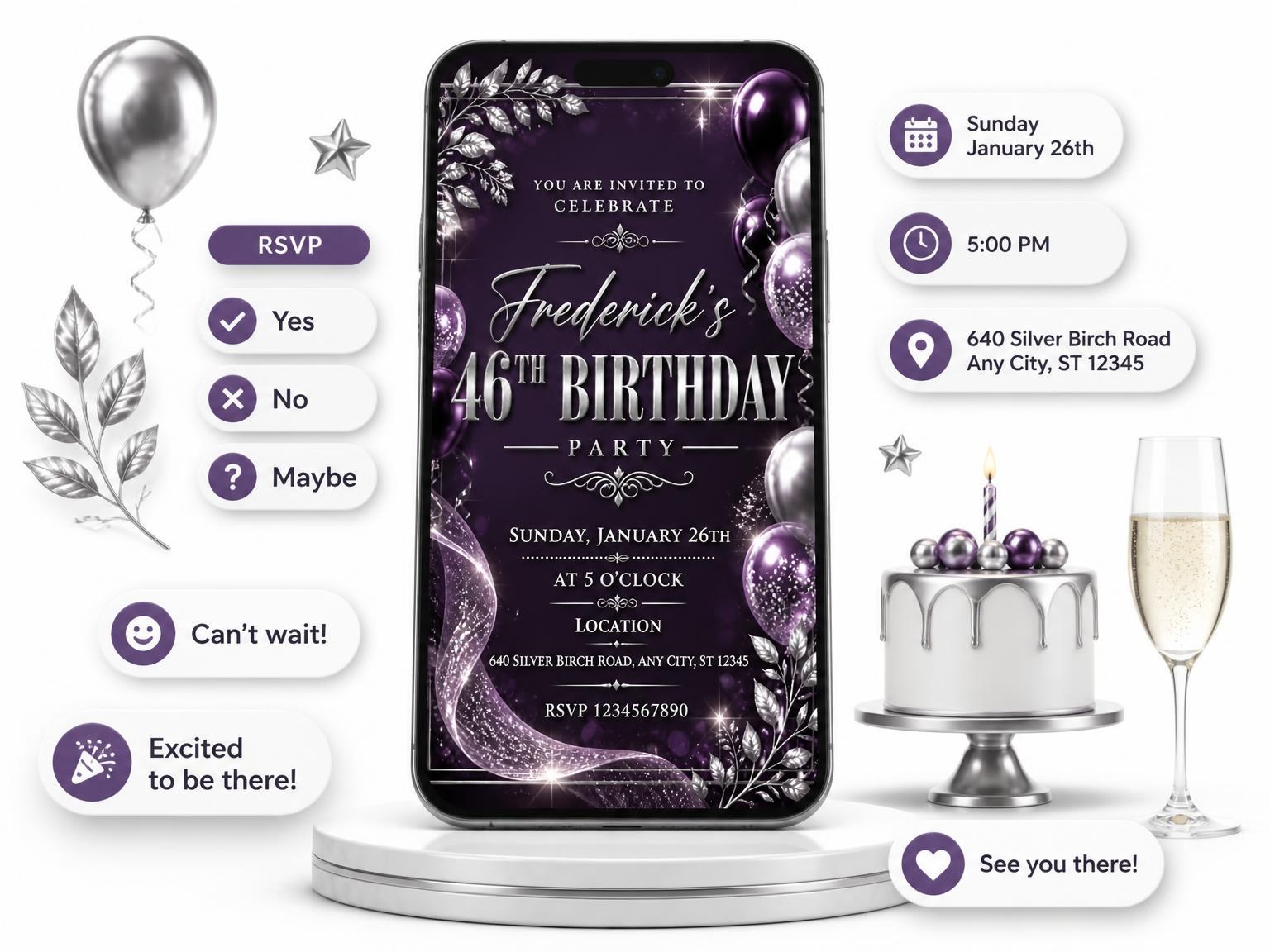 The Plum and Silver 46th Birthday Invitation invitation on a phone, with guest RSVPs arriving around it