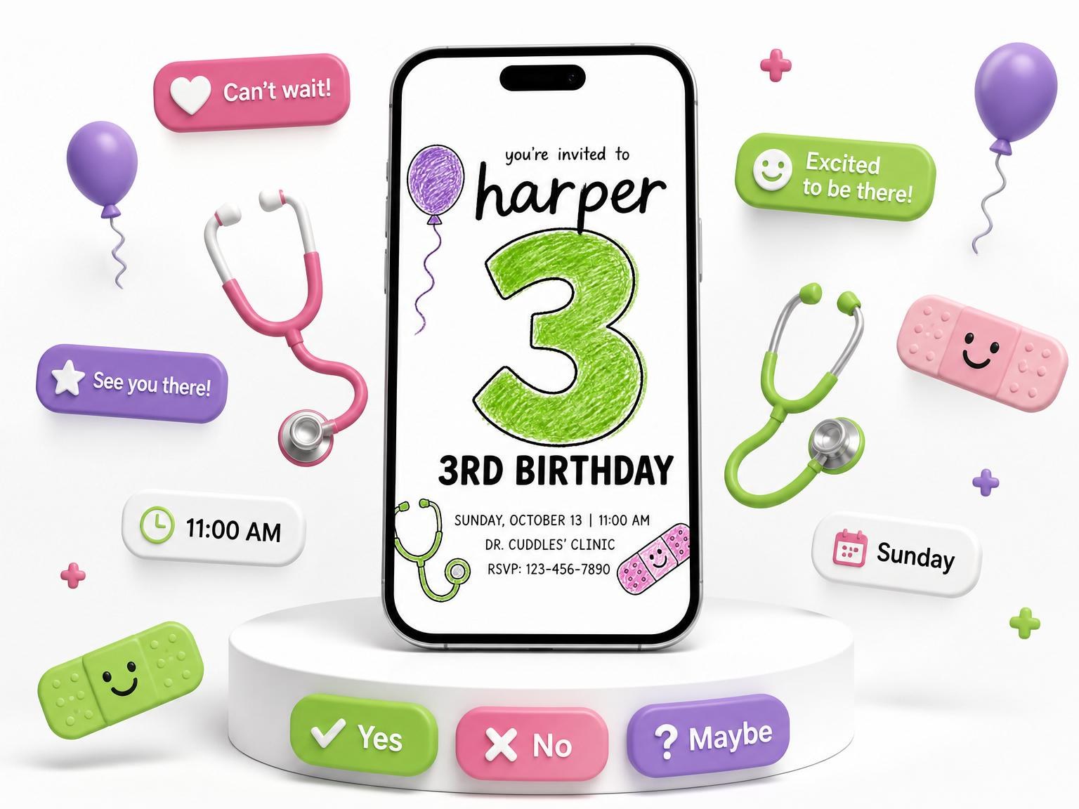 The Crayon Medical Motif 3rd Birthday Invitation invitation on a phone, with guest RSVPs arriving around it