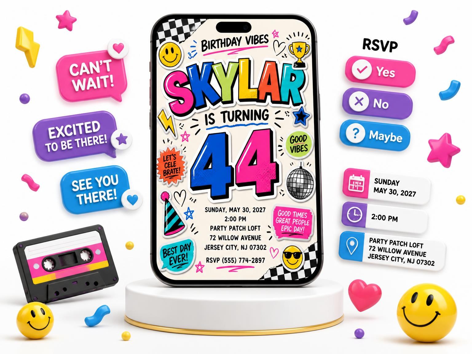 The Sticker Pop 44th Birthday Invitation invitation on a phone, with guest RSVPs arriving around it