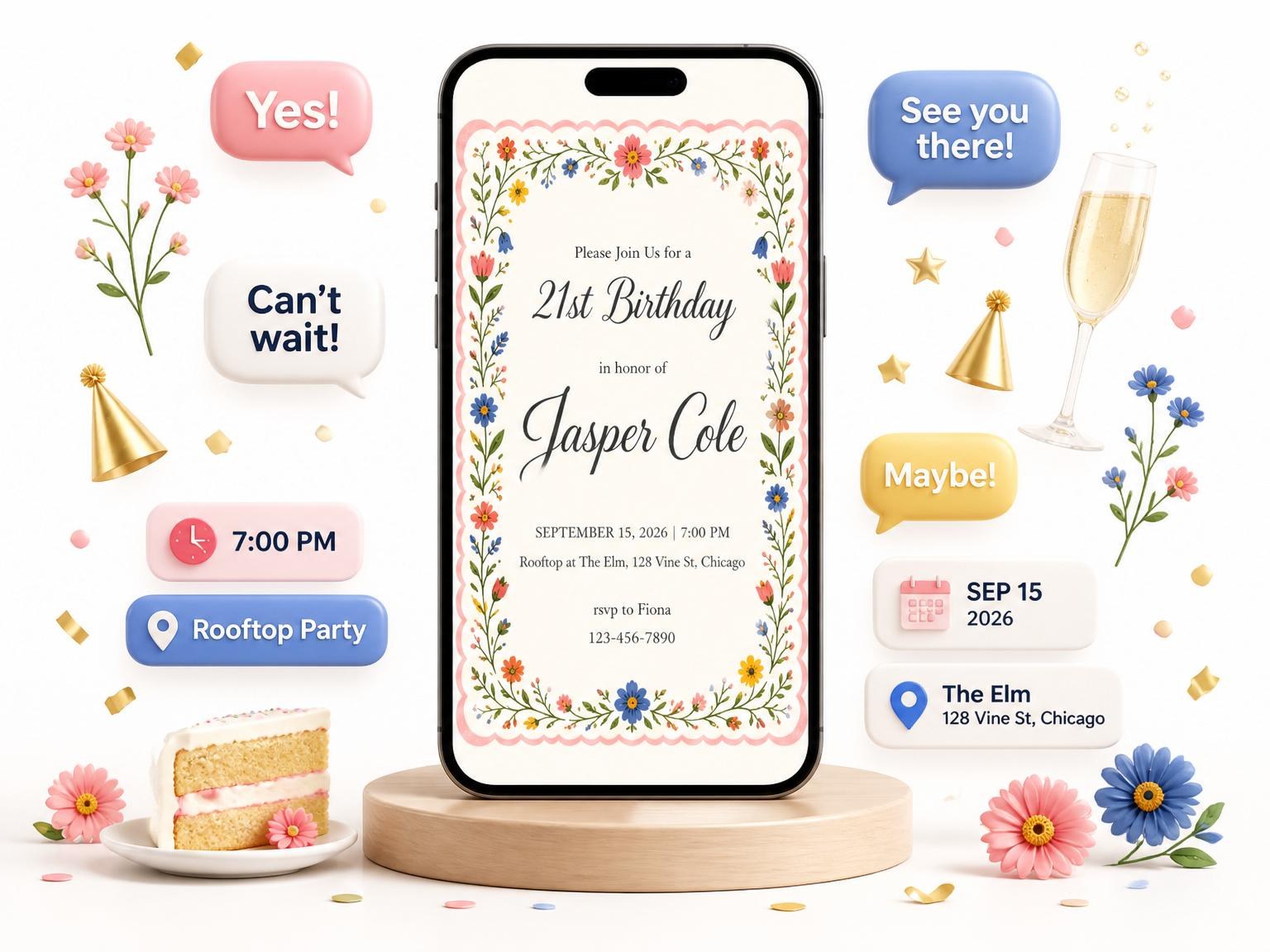 The Cream Wildflower Folk-Art 21st Birthday invitation on a phone, with guest RSVPs arriving around it