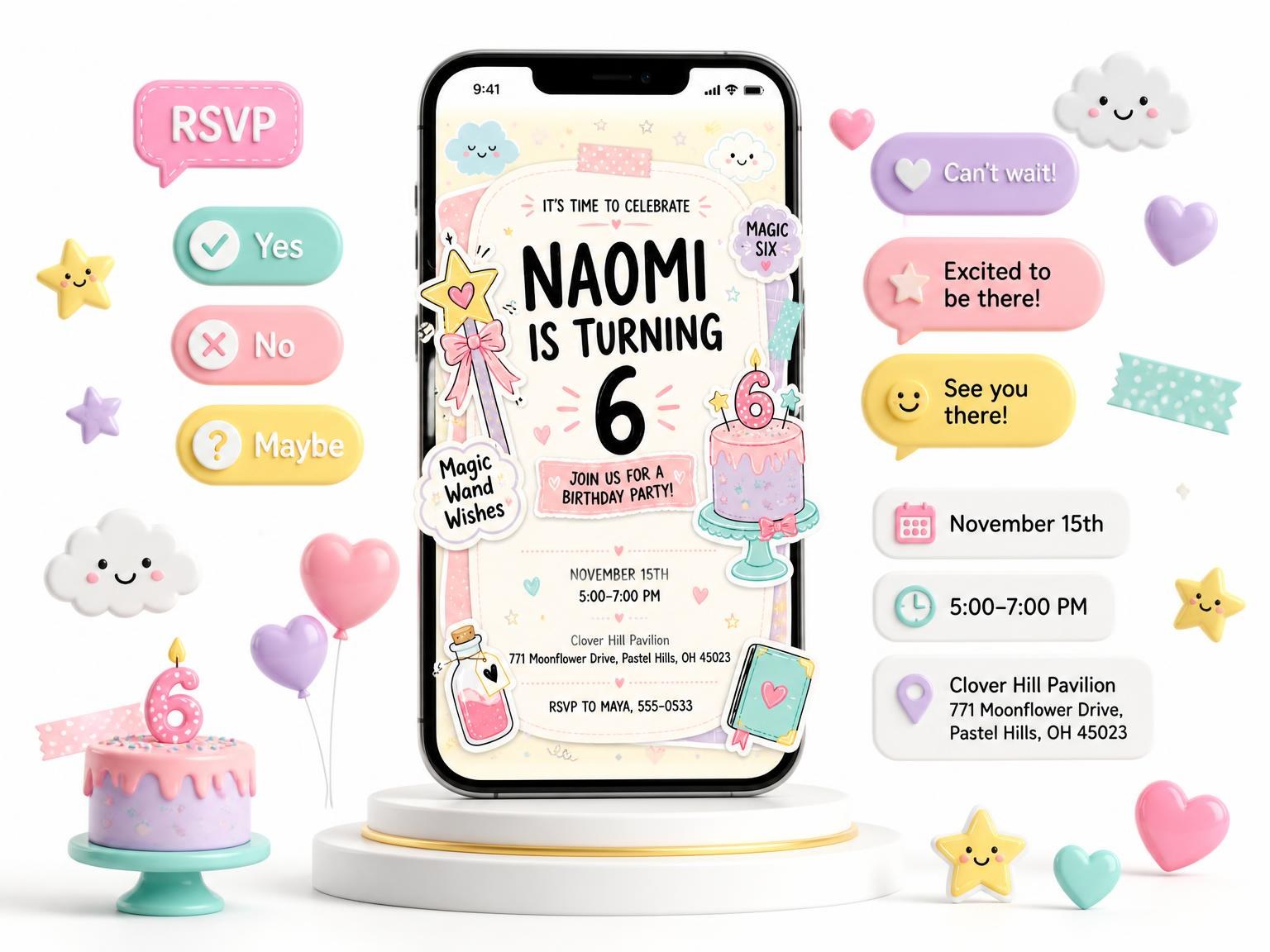 The Star Wand Pastel 6th Birthday Invitation invitation on a phone, with guest RSVPs arriving around it