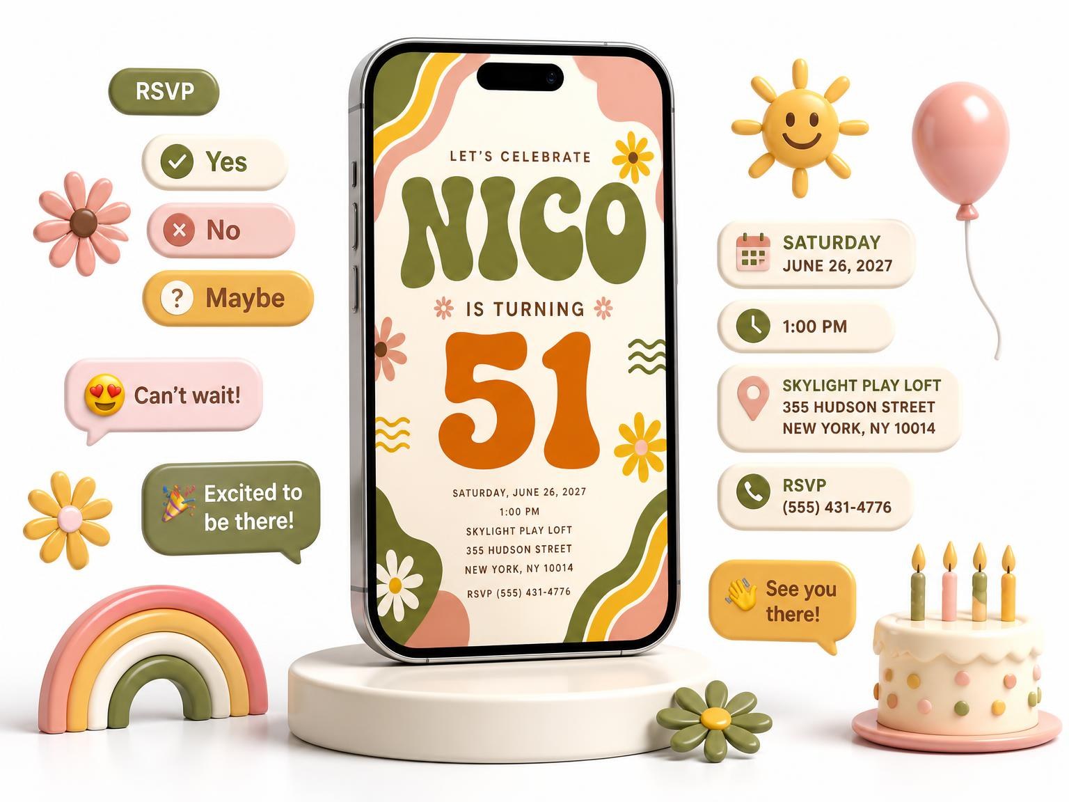 The Groovy Retro 51st Birthday Invitation invitation on a phone, with guest RSVPs arriving around it