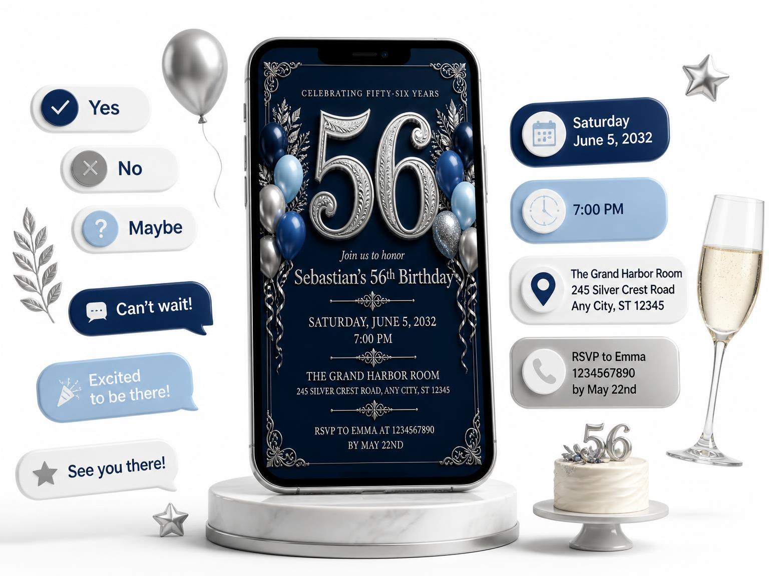 The Navy and Silver 56th Birthday Invitation invitation on a phone, with guest RSVPs arriving around it