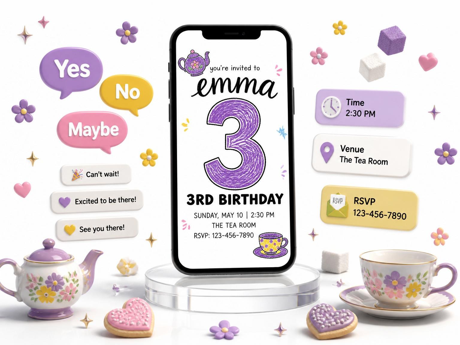 The Purple Crayon Sketch Tea 3rd Birthday invitation on a phone, with guest RSVPs arriving around it