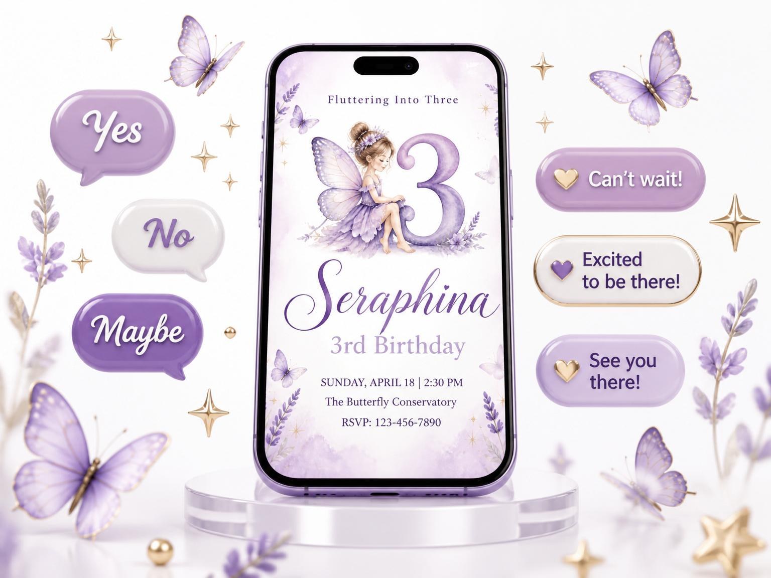 The Lavender Butterfly Fairy 3rd Birthday invitation on a phone, with guest RSVPs arriving around it
