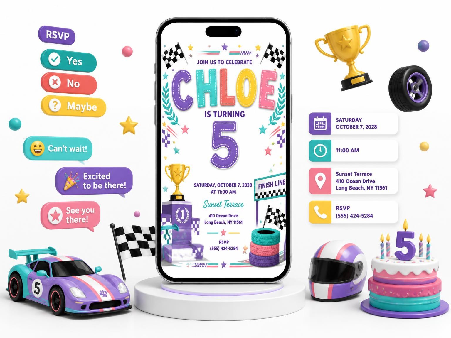The Stitched Race Car 5th Birthday Invitation invitation on a phone, with guest RSVPs arriving around it