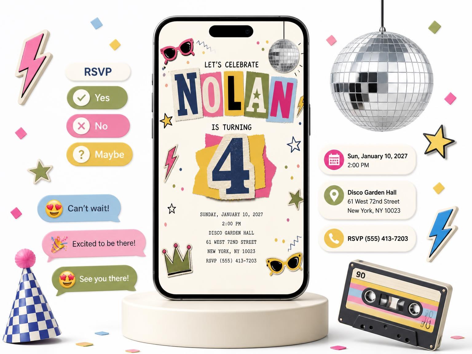 The Retro Paper Collage 4th Birthday Invitation invitation on a phone, with guest RSVPs arriving around it