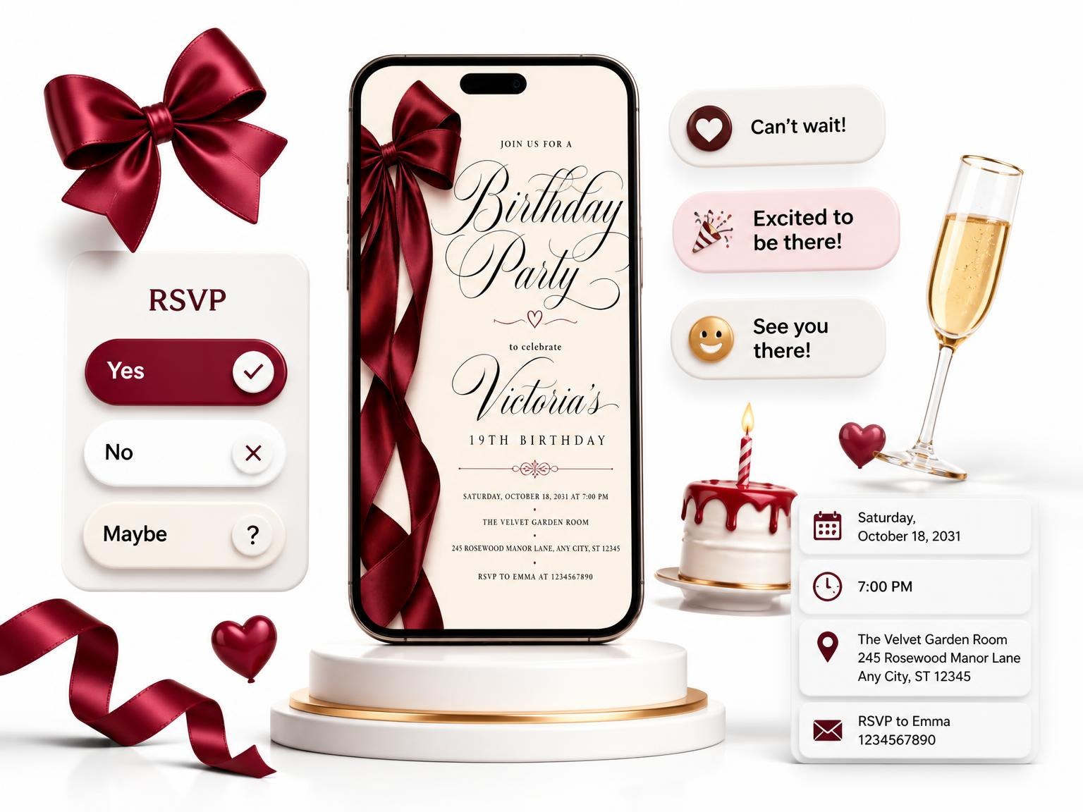 The Burgundy Satin Bow 19th Birthday Invitation invitation on a phone, with guest RSVPs arriving around it