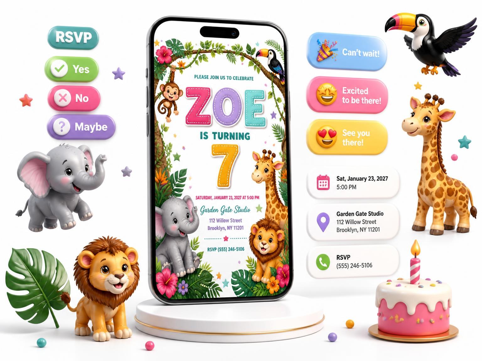 The Stitched Safari 7th Birthday Invitation invitation on a phone, with guest RSVPs arriving around it