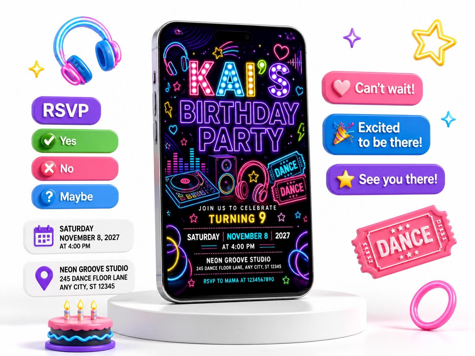 The Neon Dance Party 9th Birthday Invitation invitation on a phone, with guest RSVPs arriving around it