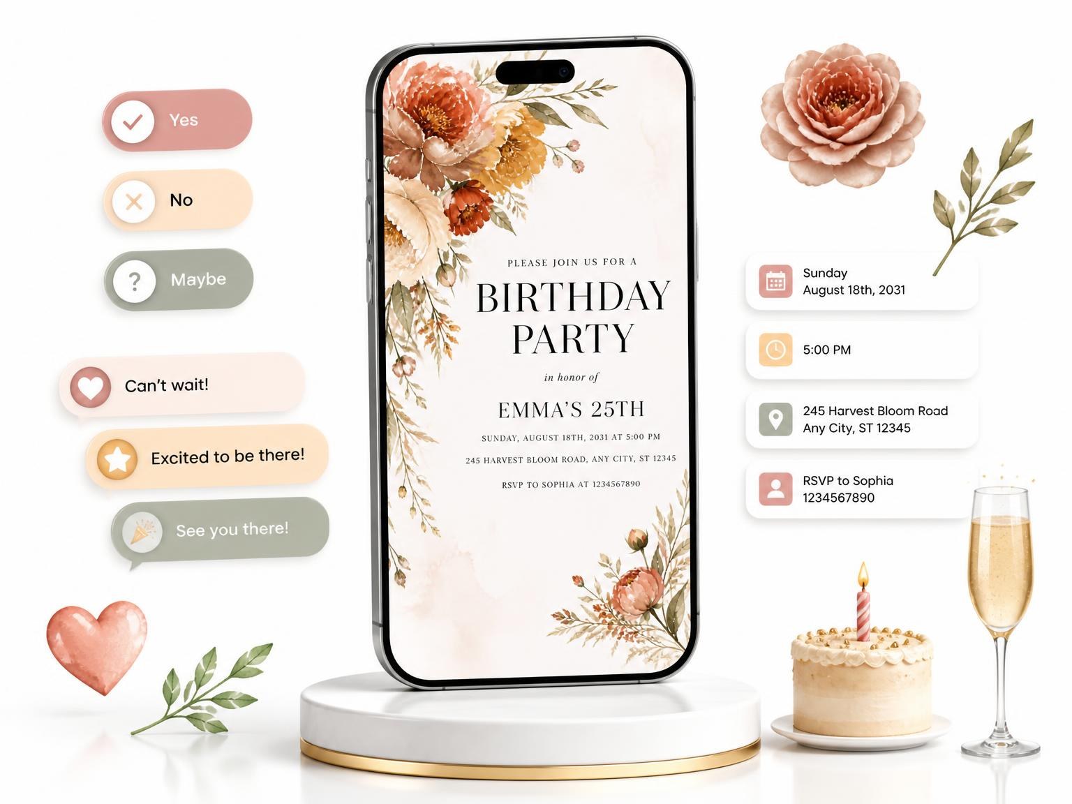 The Terracotta Floral Bouquet 25th Birthday Invitation invitation on a phone, with guest RSVPs arriving around it
