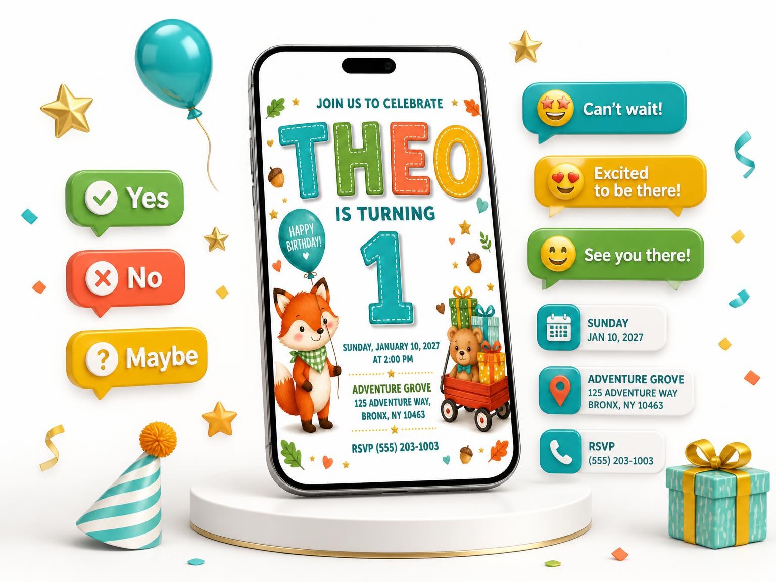 The Stitched Woodland Friends 1st Birthday Invitation invitation on a phone, with guest RSVPs arriving around it