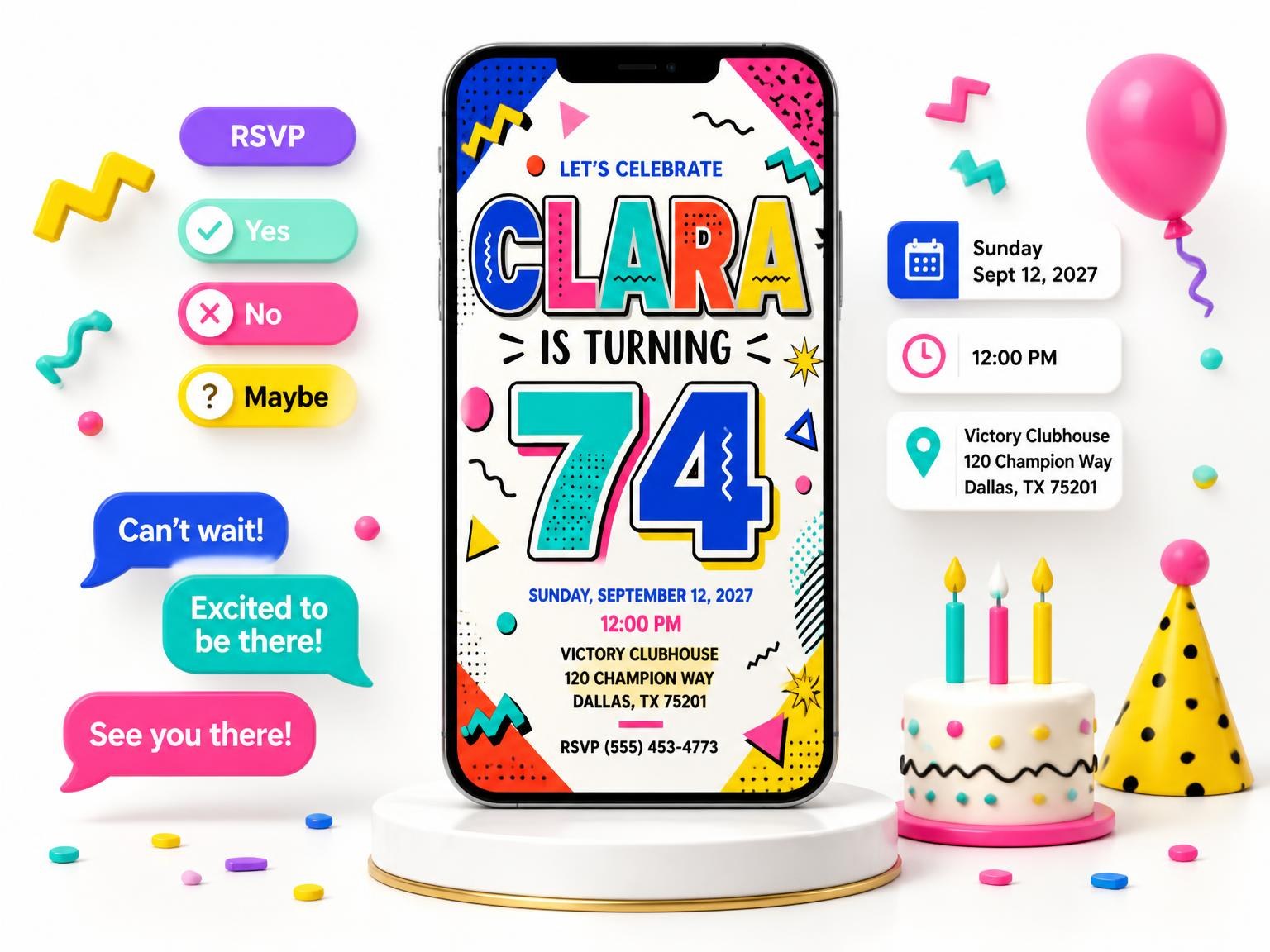 The Memphis Pop 74th Birthday Invitation invitation on a phone, with guest RSVPs arriving around it