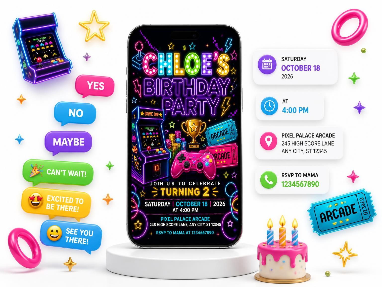 The Neon Arcade 2nd Birthday Invitation invitation on a phone, with guest RSVPs arriving around it