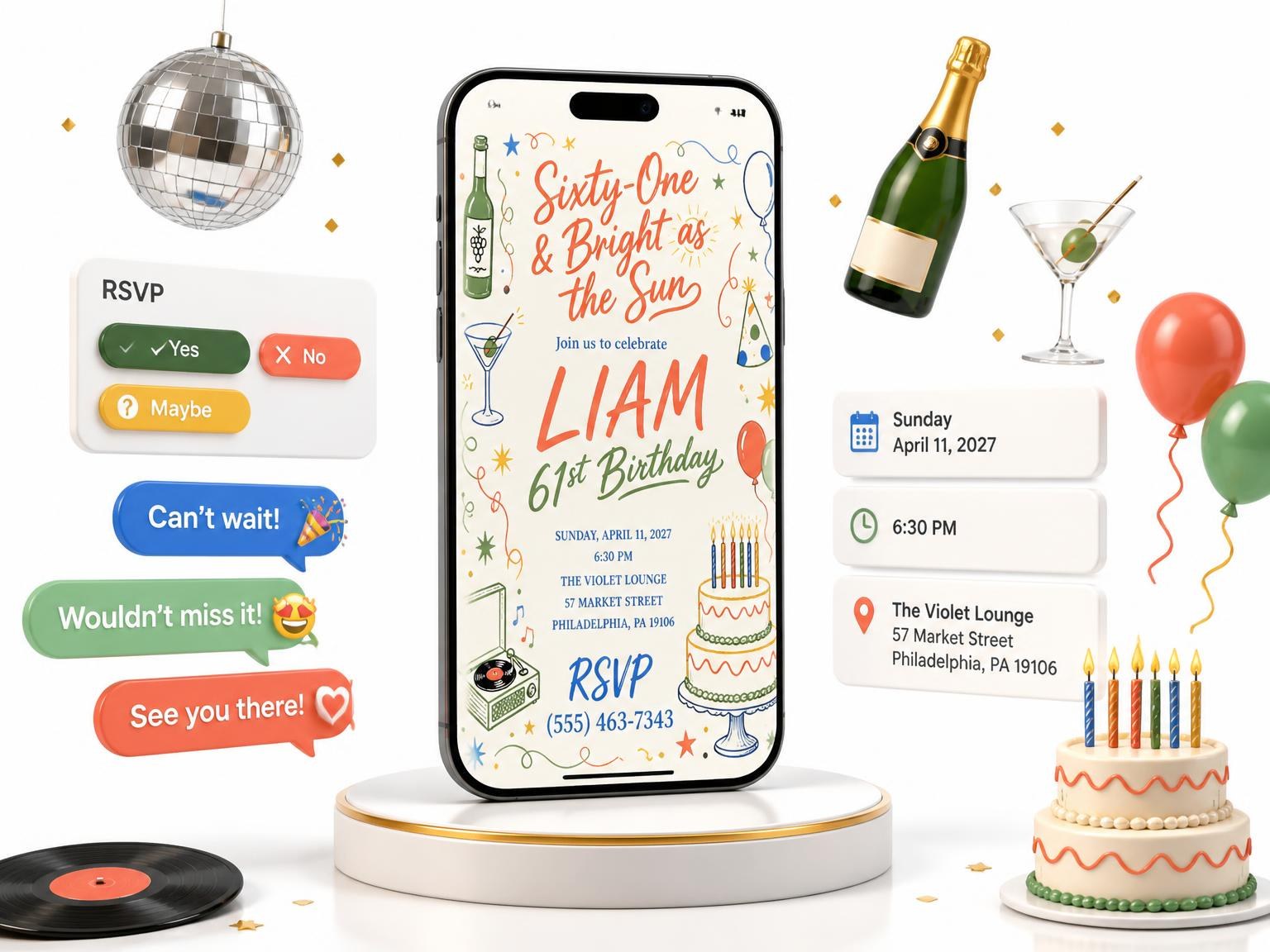 The Retro Doodle 61st Birthday Invitation invitation on a phone, with guest RSVPs arriving around it