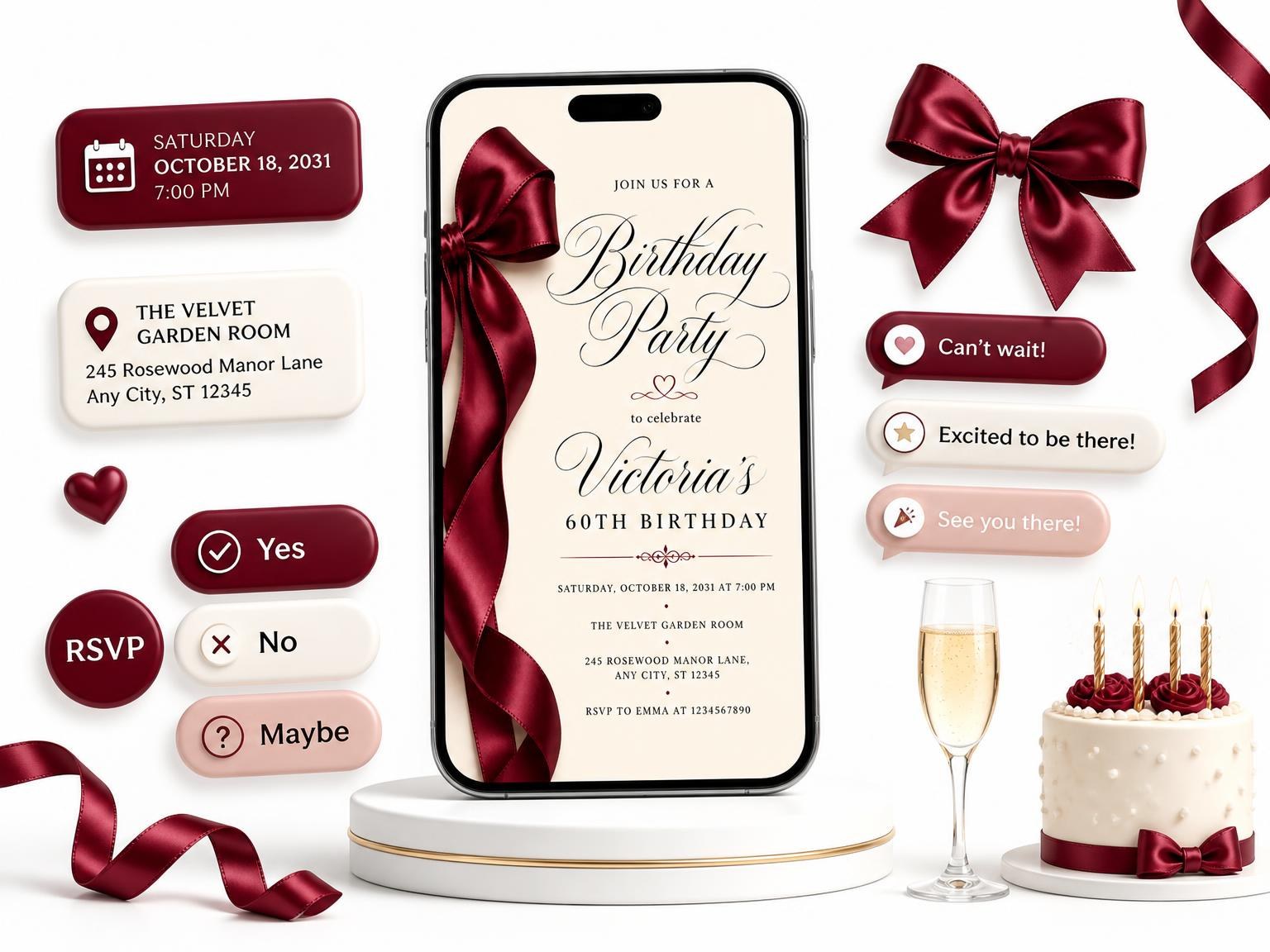 The Burgundy Satin Bow 60th Birthday Invitation invitation on a phone, with guest RSVPs arriving around it