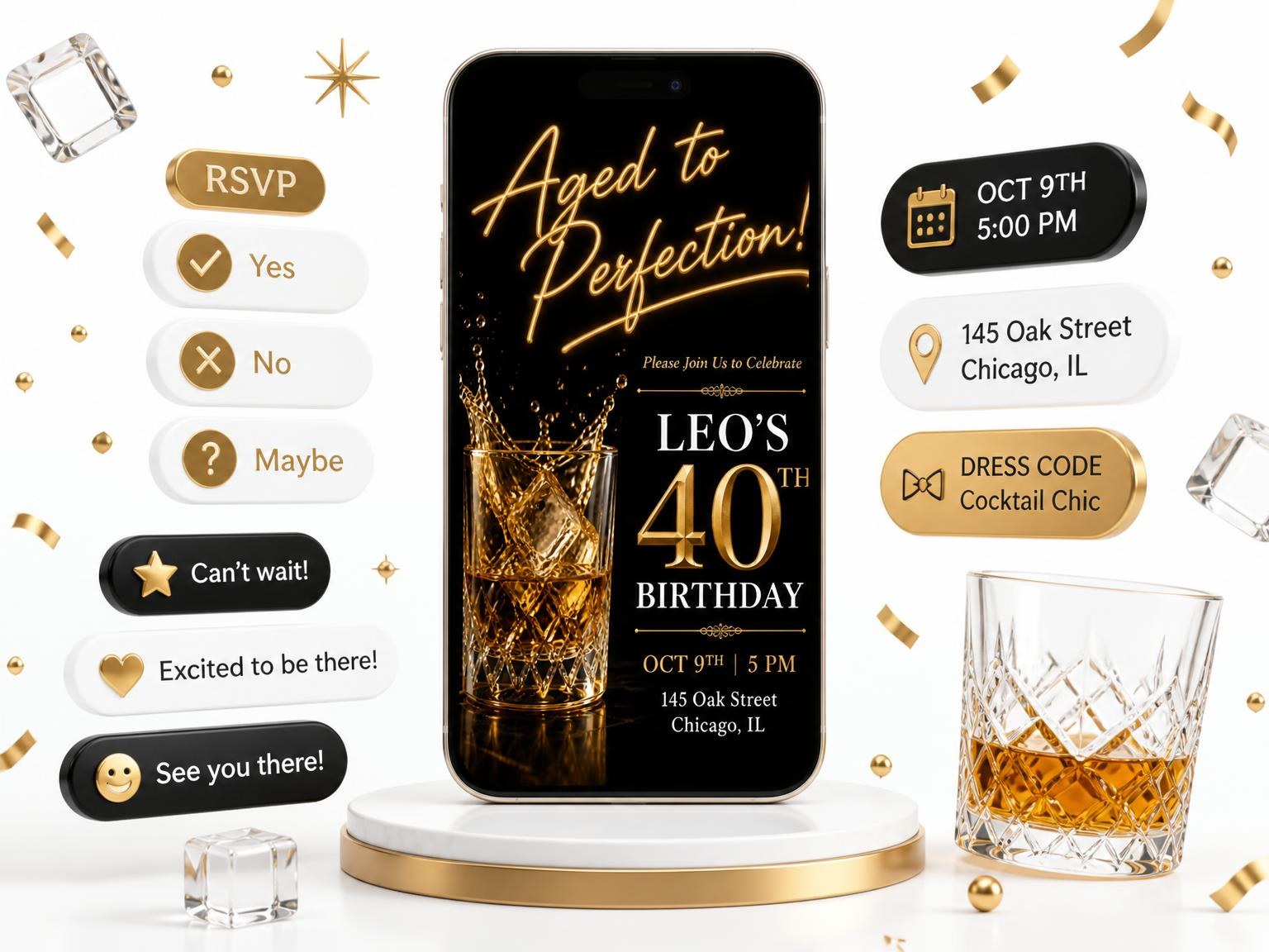 The Whiskey Tumbler 40th Birthday Invitation invitation on a phone, with guest RSVPs arriving around it