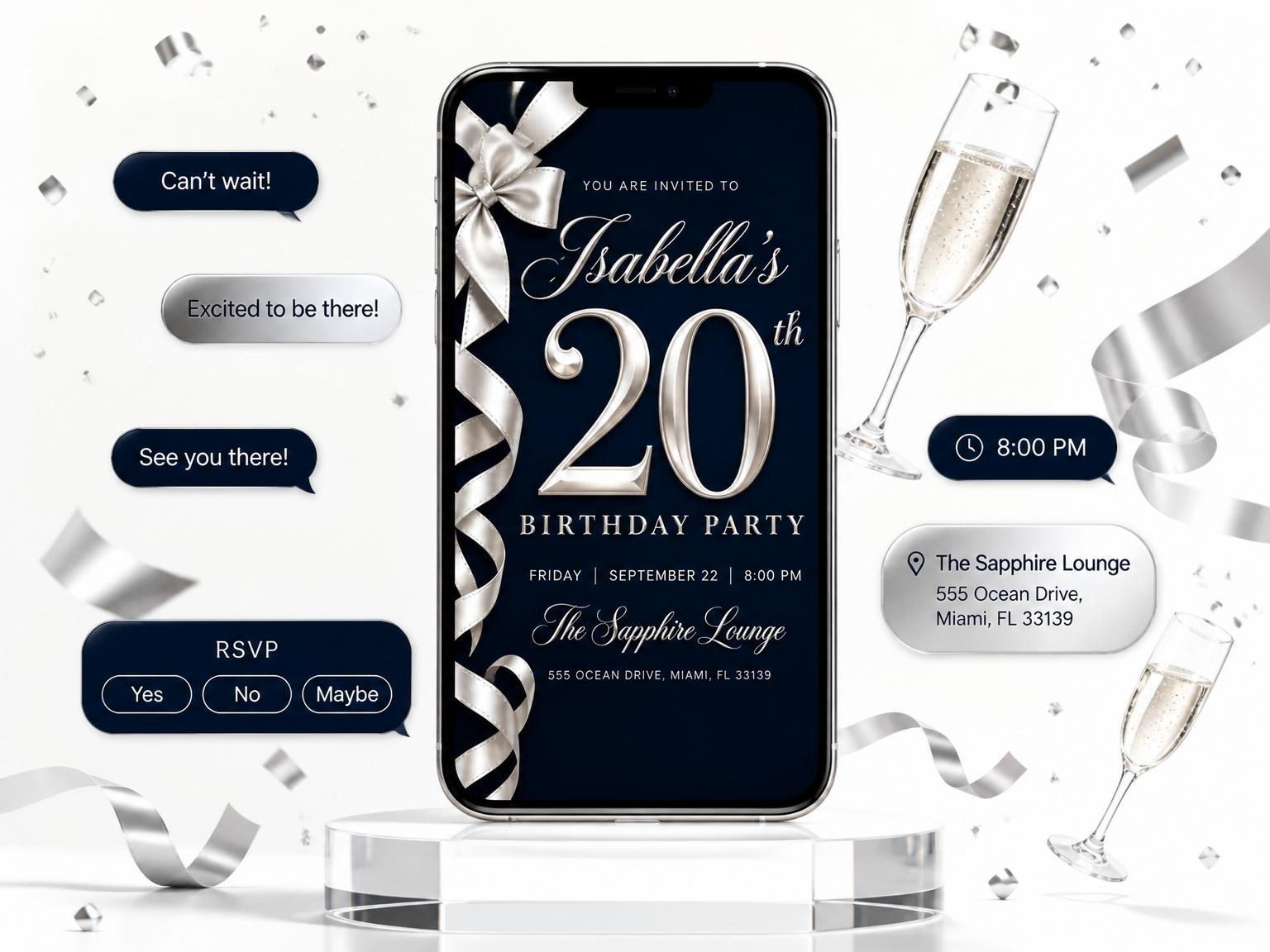The Elegant Navy 20th Birthday Invitation invitation on a phone, with guest RSVPs arriving around it