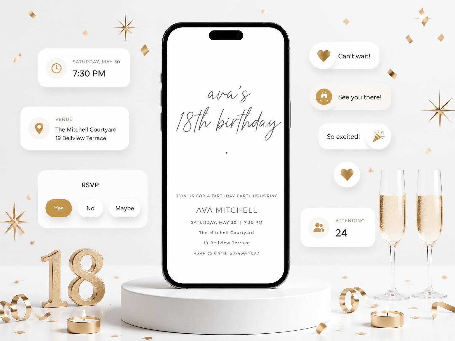 The Charcoal Script Minimalist 18th Birthday invitation on a phone, with guest RSVPs arriving around it