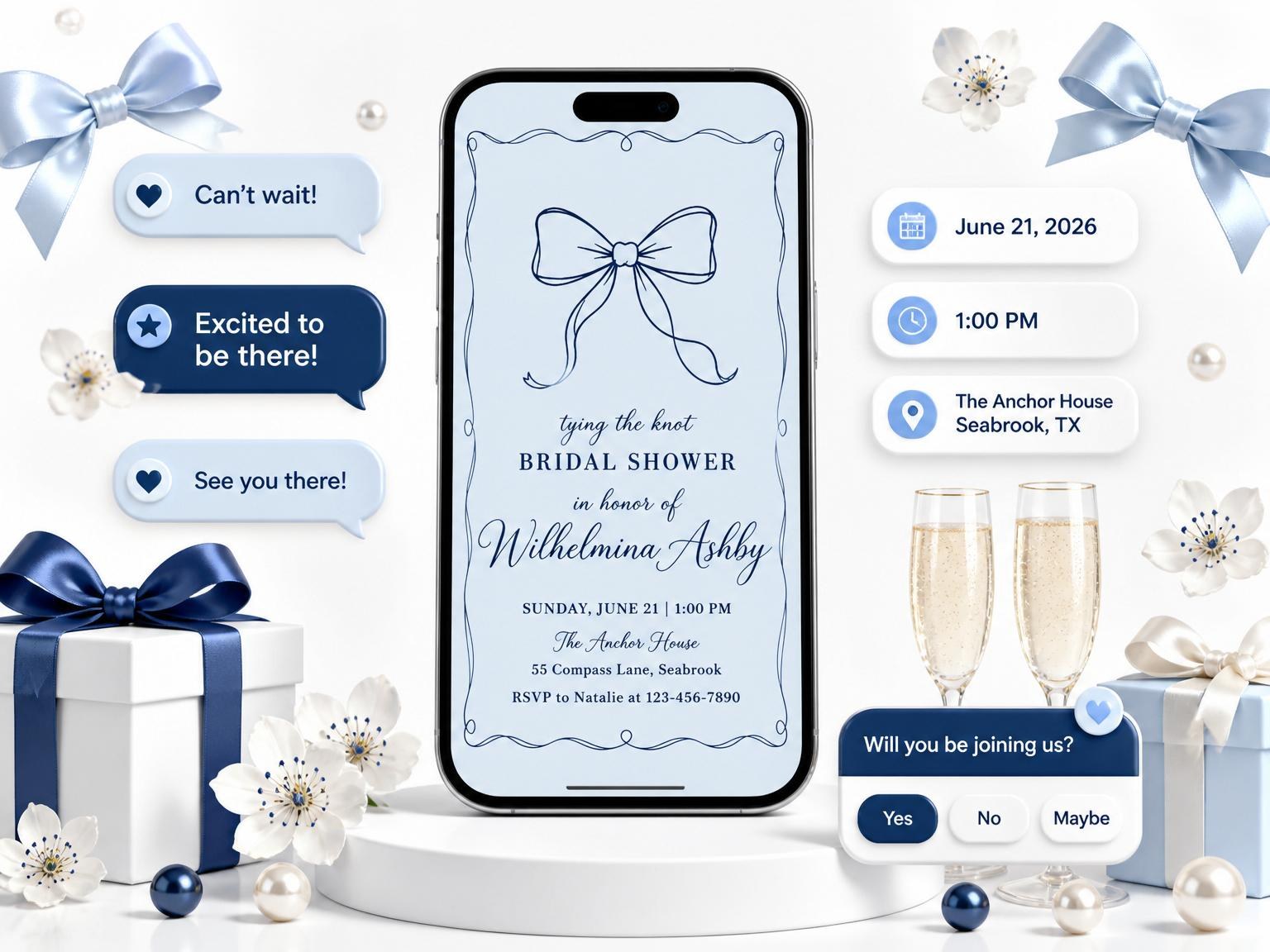 The Navy Ribbon Sketch Bridal Shower invitation on a phone, with guest RSVPs arriving around it
