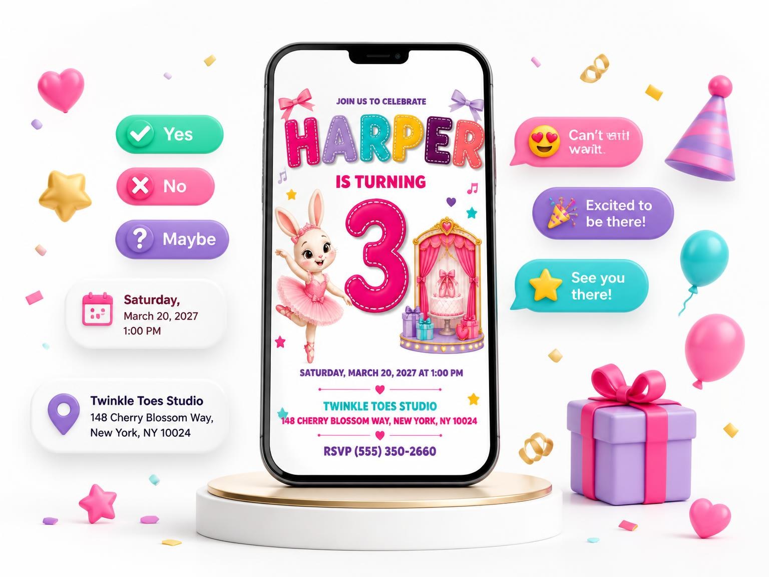 The Ballerina Bunny 3rd Birthday Invitation invitation on a phone, with guest RSVPs arriving around it