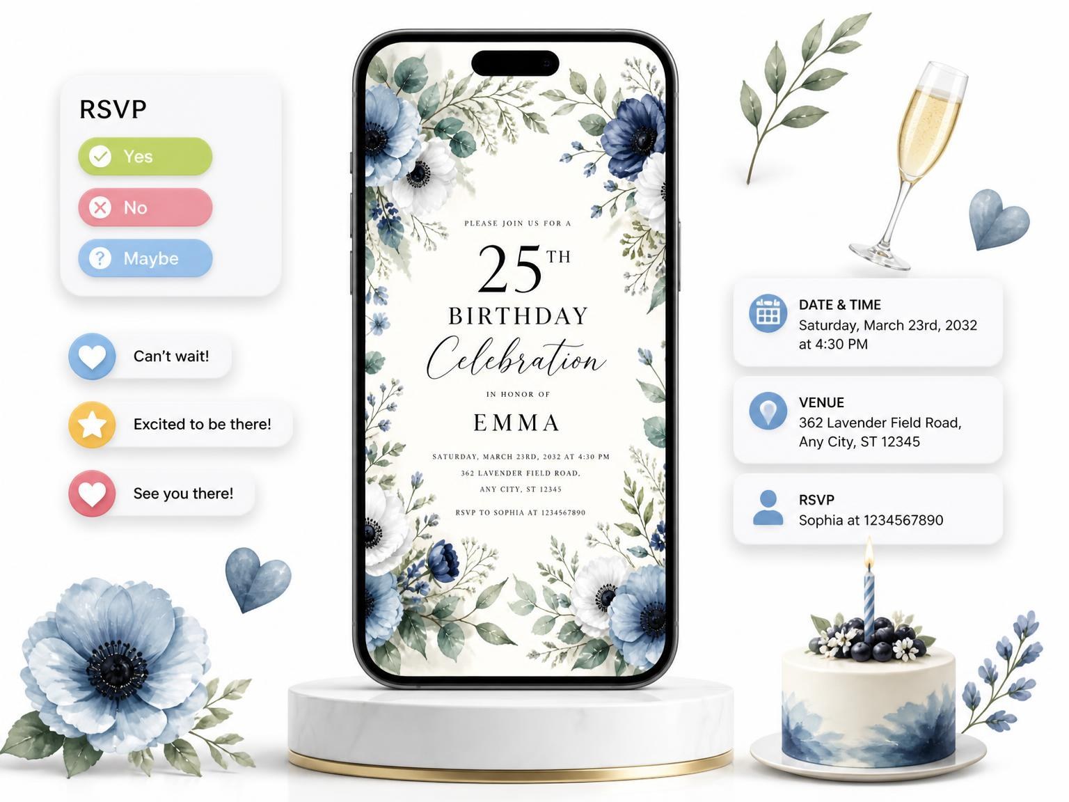 The Navy Anemone Botanical 25th Birthday Invitation invitation on a phone, with guest RSVPs arriving around it