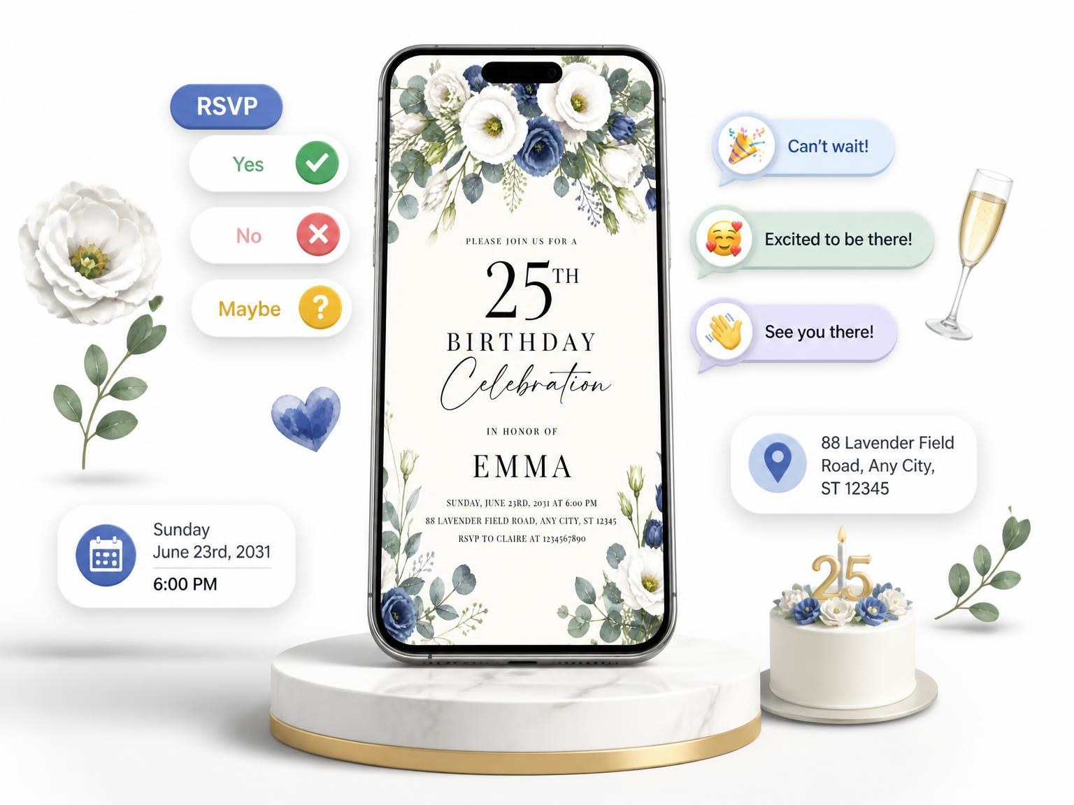 The Floral Garland Dusty Blue 25th Birthday Invitation invitation on a phone, with guest RSVPs arriving around it