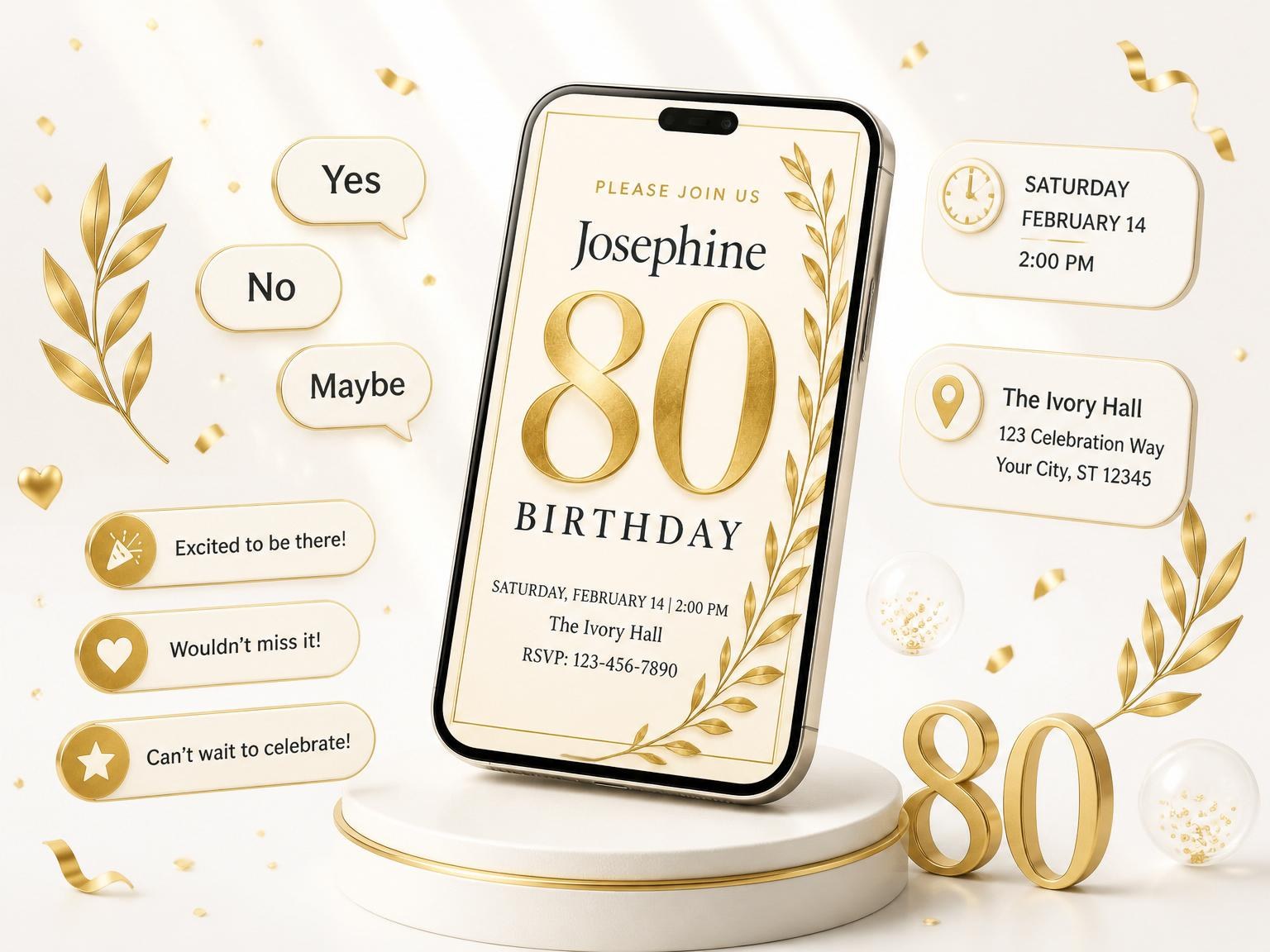 The Gold Foil Laurel 80th Birthday invitation on a phone, with guest RSVPs arriving around it