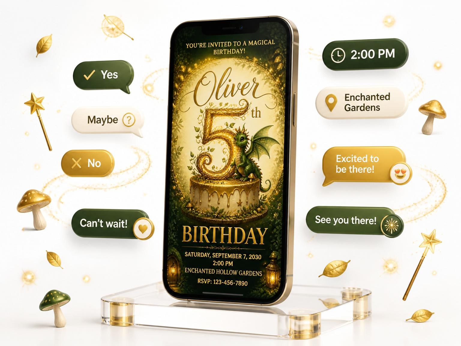 The Forest Dragon 5th Birthday Invitation invitation on a phone, with guest RSVPs arriving around it