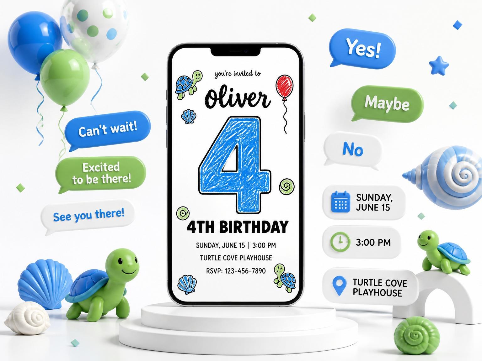 The Crayon Sea Turtle 4th Birthday invitation on a phone, with guest RSVPs arriving around it