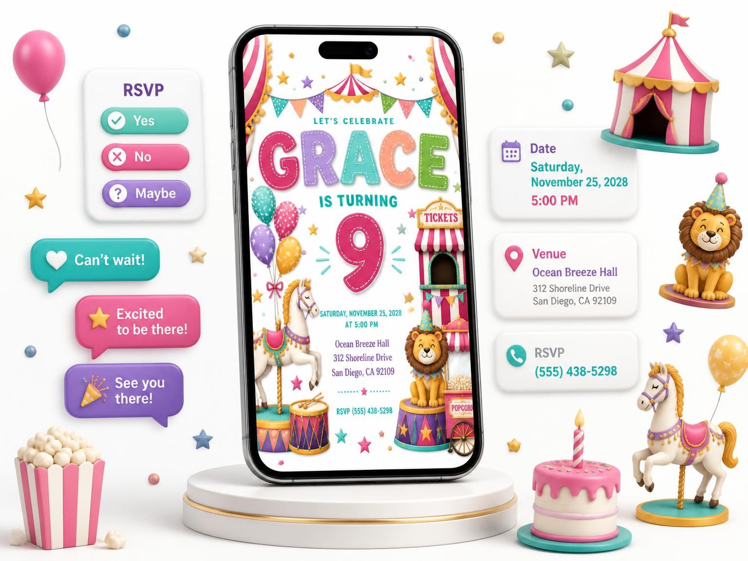 The Stitched Circus 9th Birthday Invitation invitation on a phone, with guest RSVPs arriving around it