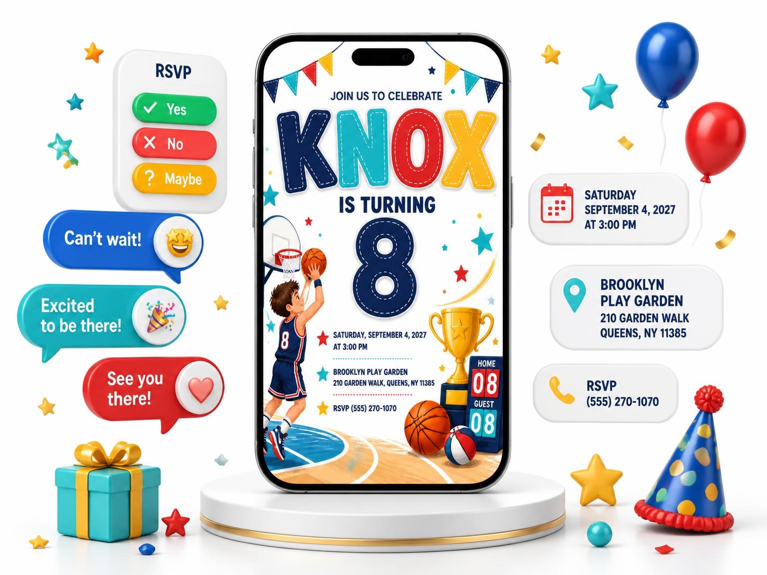 The Hoop Backboard Stitched 8th Birthday Invitation invitation on a phone, with guest RSVPs arriving around it