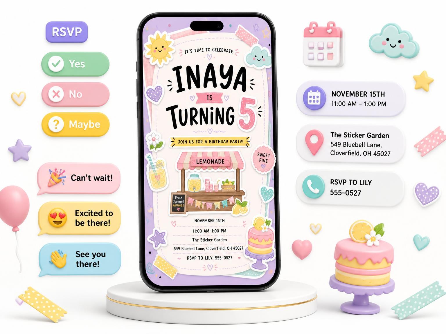 The Lemonade Stand Pastel 5th Birthday Invitation invitation on a phone, with guest RSVPs arriving around it