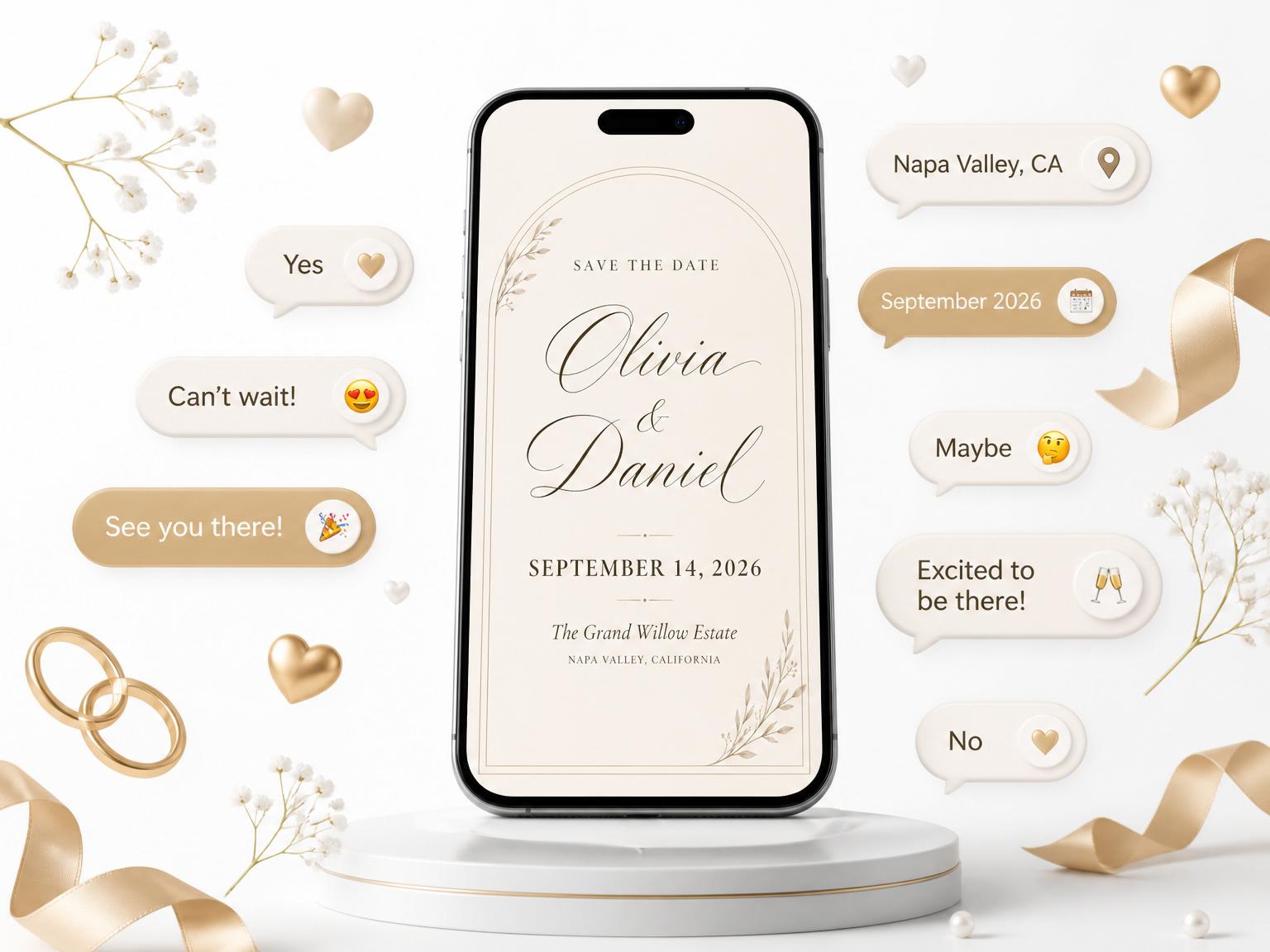 The Minimalist Willow Arch Wedding Suite invitation on a phone, with guest RSVPs arriving around it