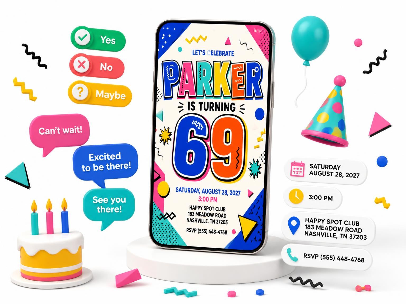 The Memphis Pop 69th Birthday Invitation invitation on a phone, with guest RSVPs arriving around it