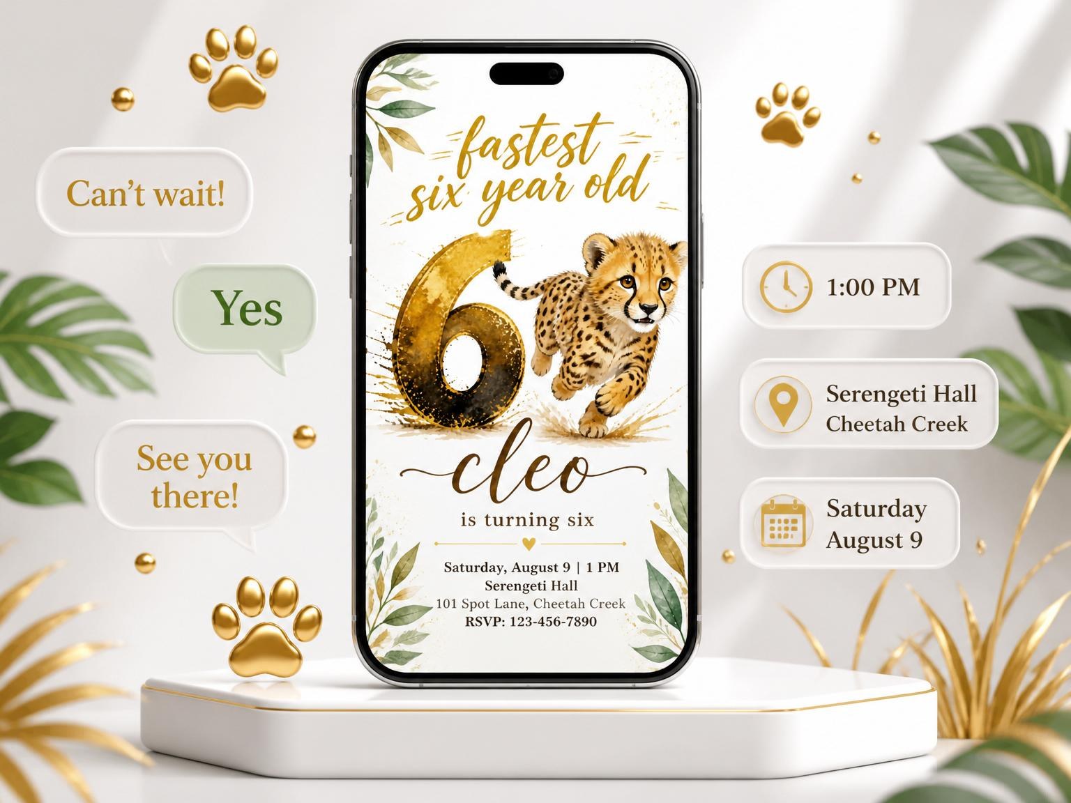 The Gold Cheetah Watercolor 6th Birthday Invitation invitation on a phone, with guest RSVPs arriving around it