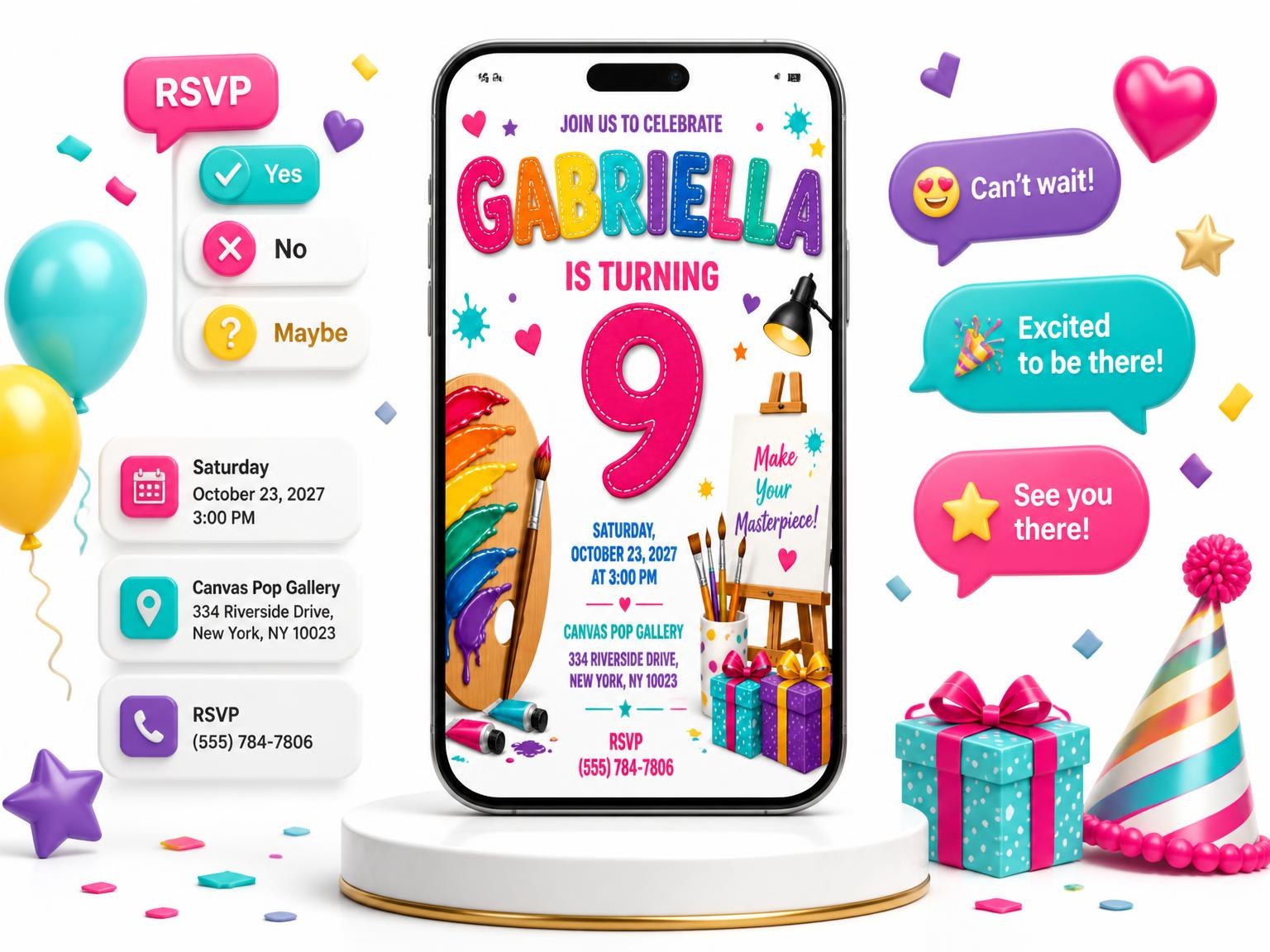 The Easel Stitched 9th Birthday Invitation invitation on a phone, with guest RSVPs arriving around it