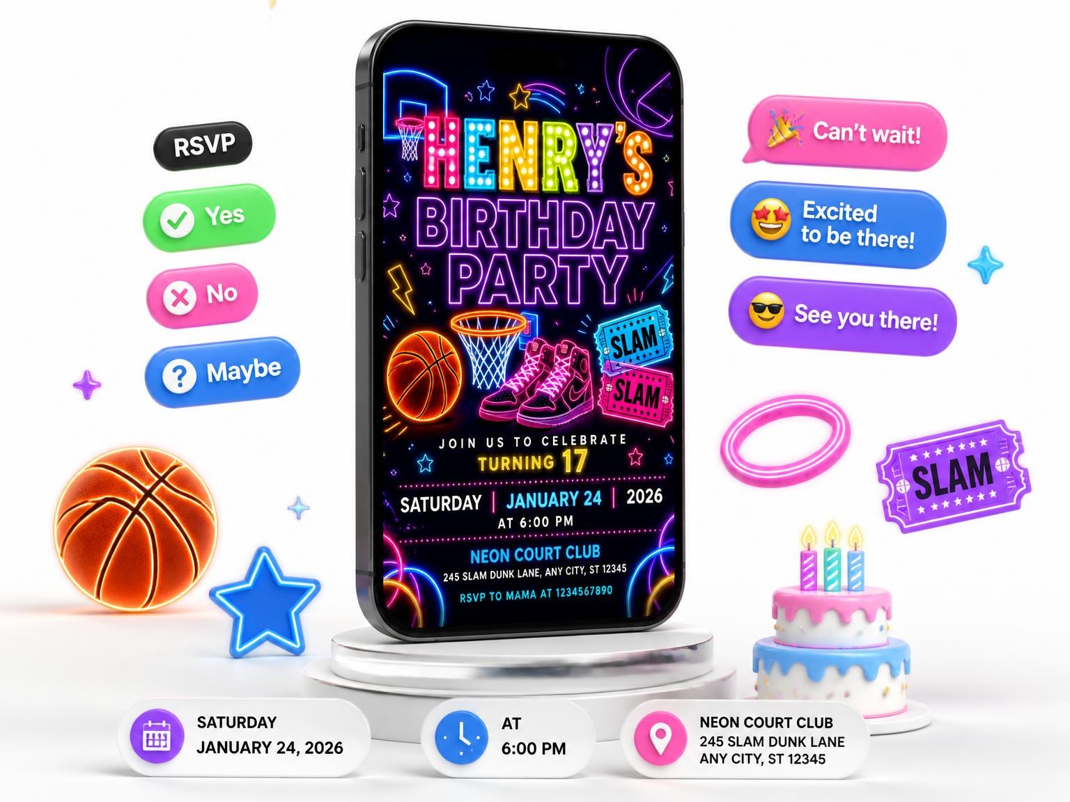 The Neon Basketball 17th Birthday Invitation invitation on a phone, with guest RSVPs arriving around it