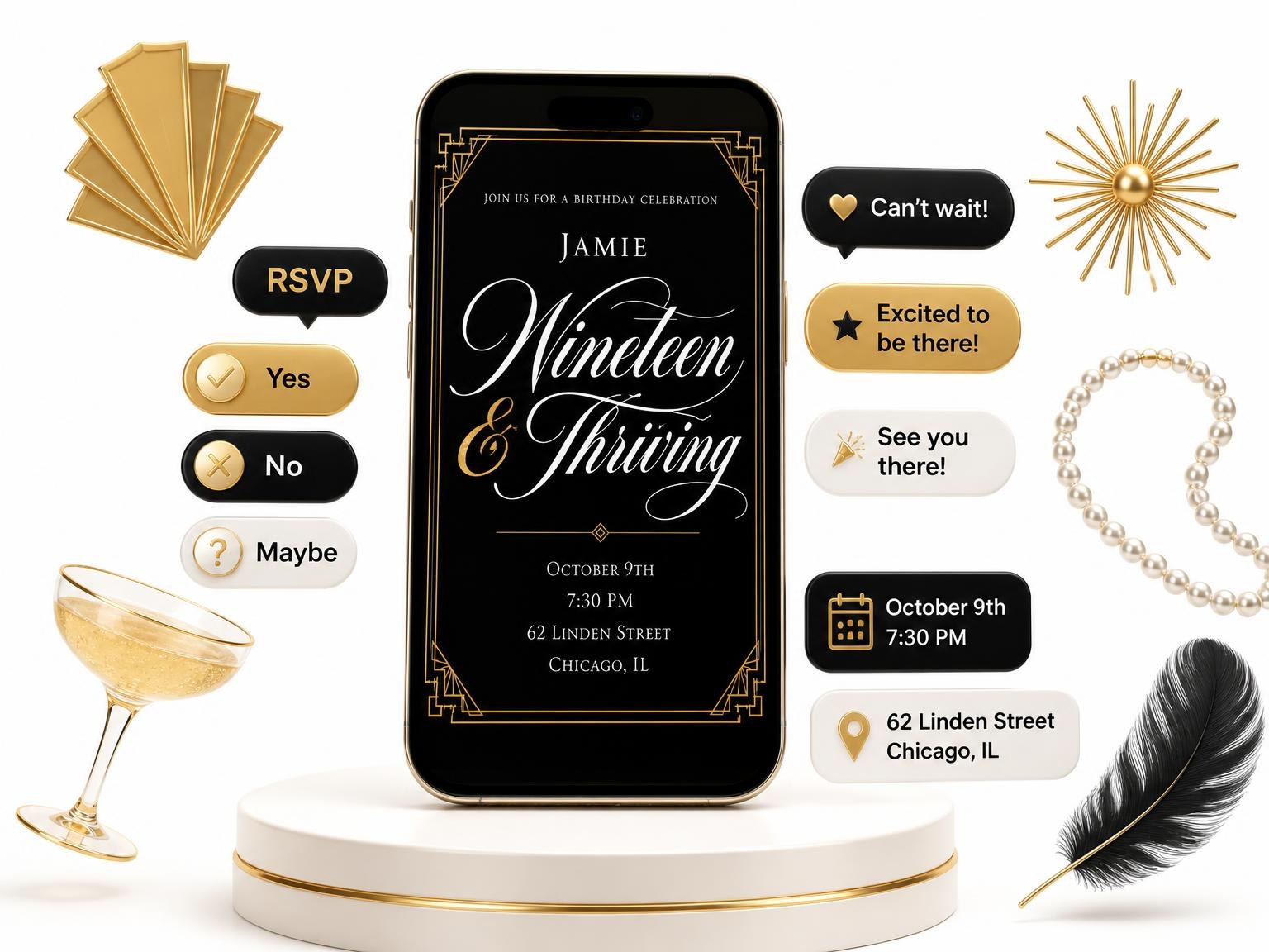 The Art Deco 19th Birthday Invitation invitation on a phone, with guest RSVPs arriving around it