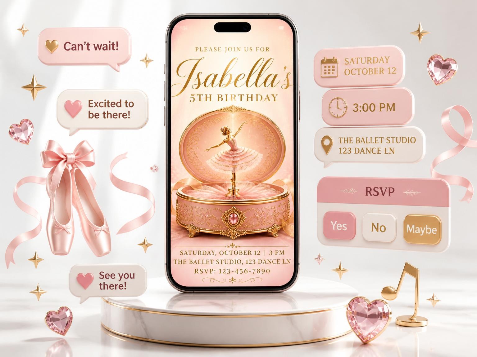 The Pink Ballerina Music Box 5th Birthday invitation on a phone, with guest RSVPs arriving around it