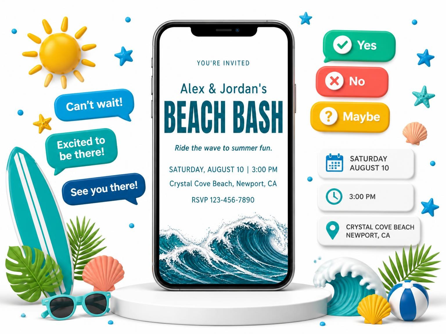 The Teal Wave Beach Party Invitation invitation on a phone, with guest RSVPs arriving around it