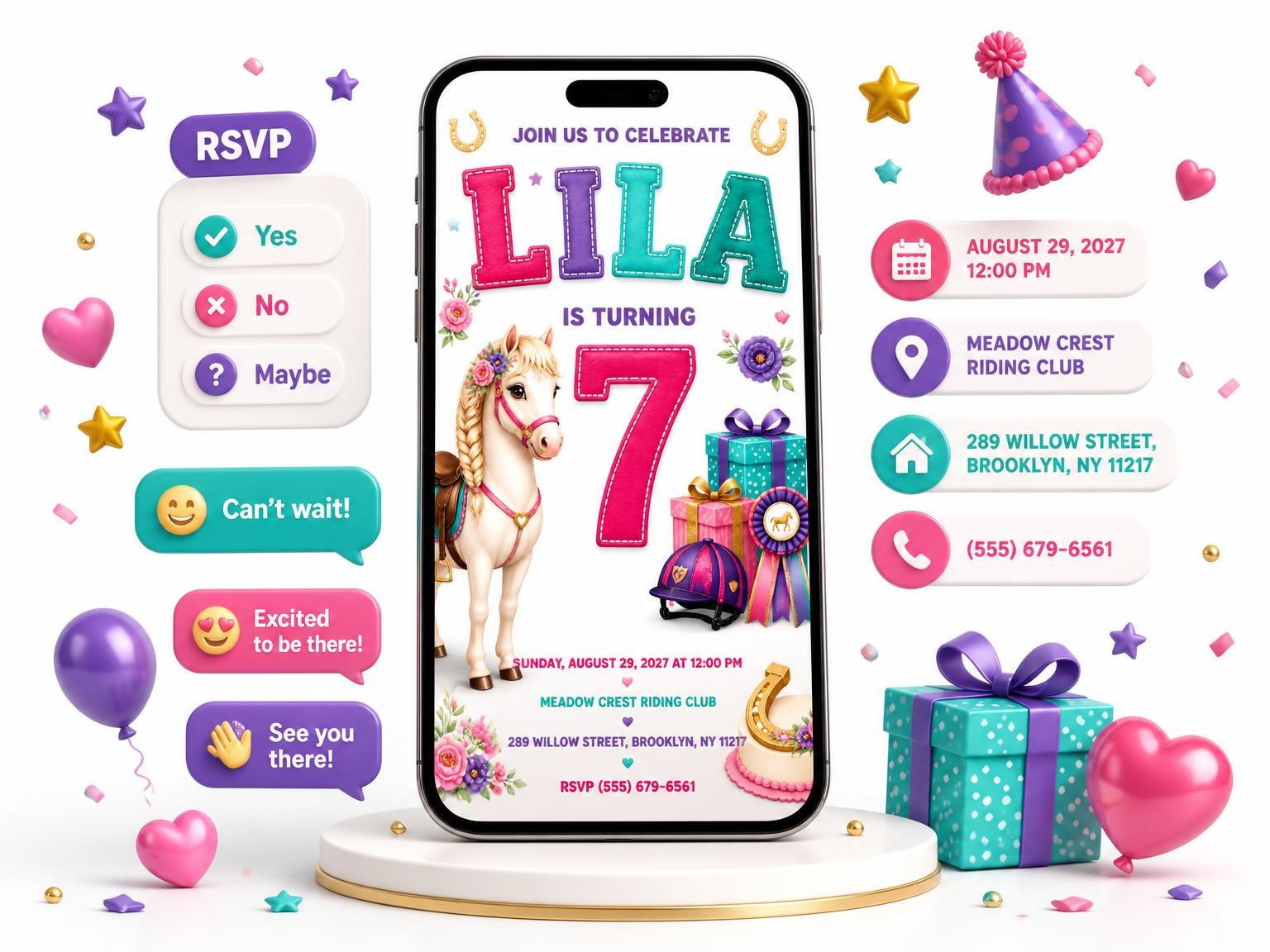 The Horse 7th Birthday Invitation invitation on a phone, with guest RSVPs arriving around it