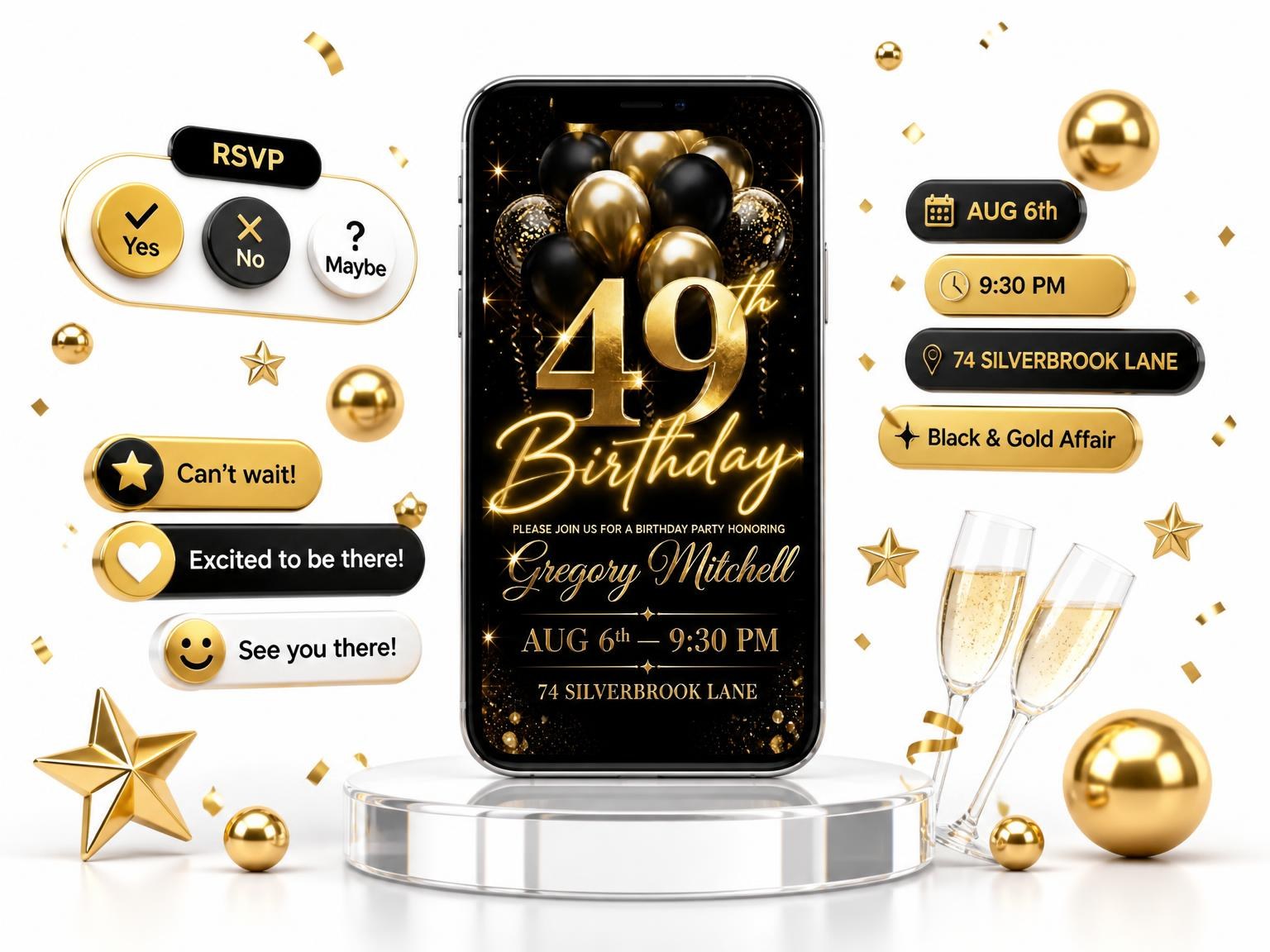 The Black and Gold Balloon 49th Birthday invitation on a phone, with guest RSVPs arriving around it