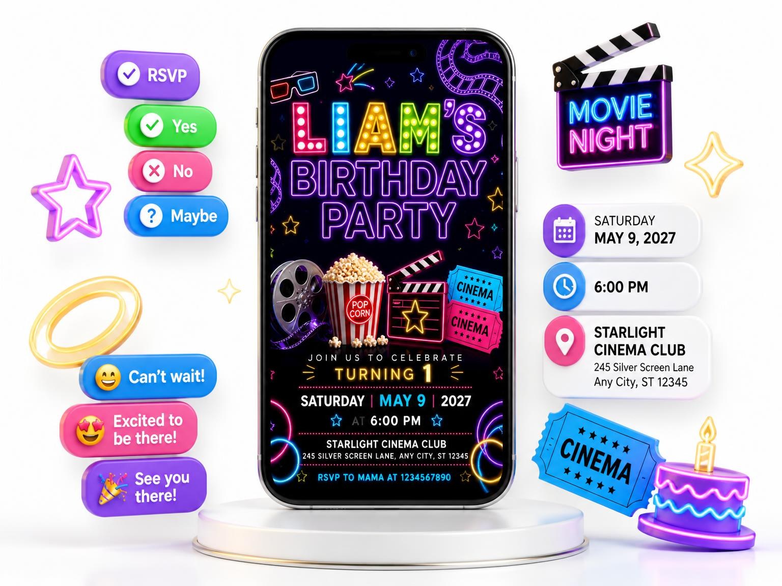 The Neon Movie Night 1st Birthday Invitation invitation on a phone, with guest RSVPs arriving around it