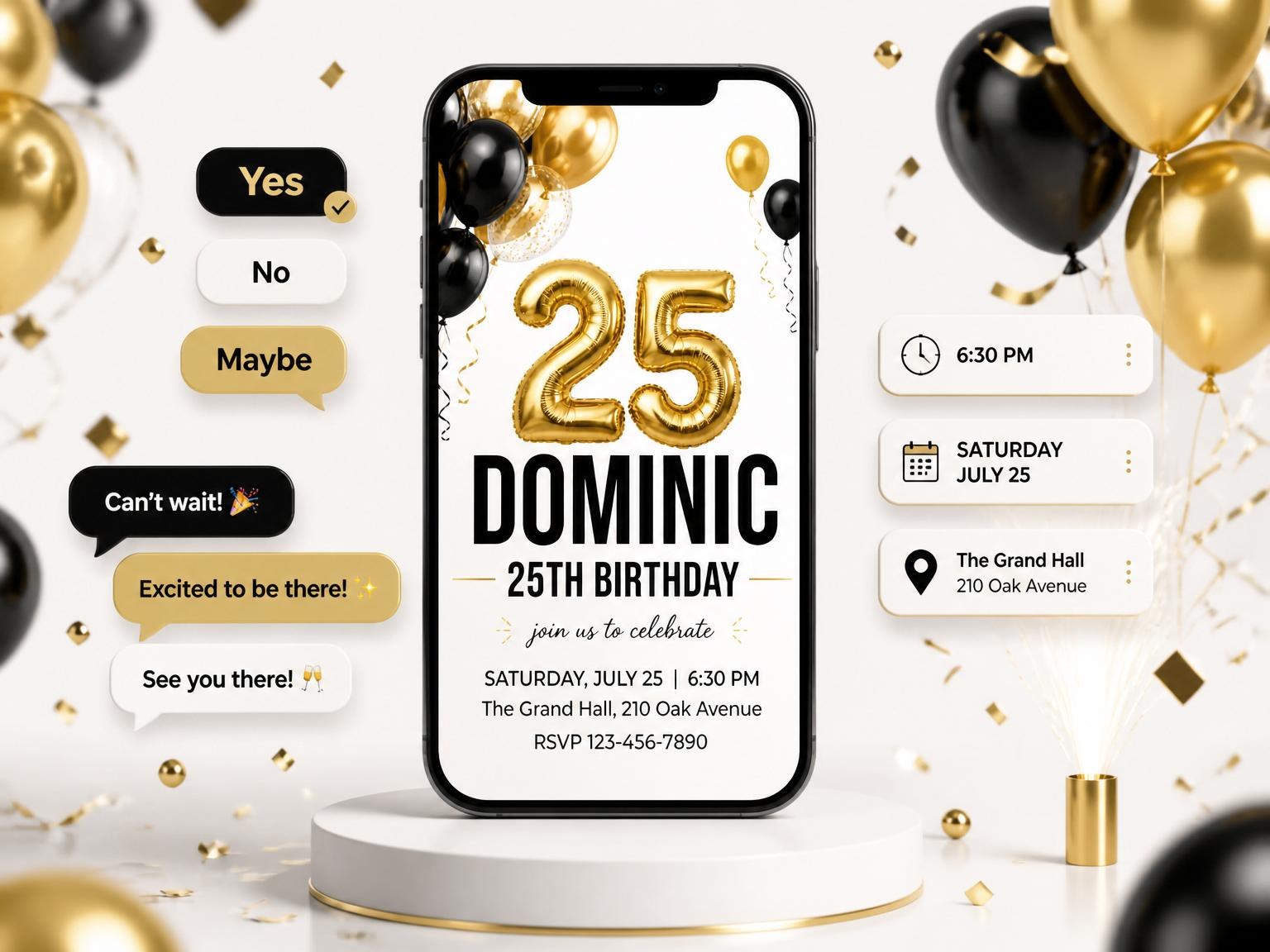 The Gold Balloon Black-Tie 25th Birthday invitation on a phone, with guest RSVPs arriving around it