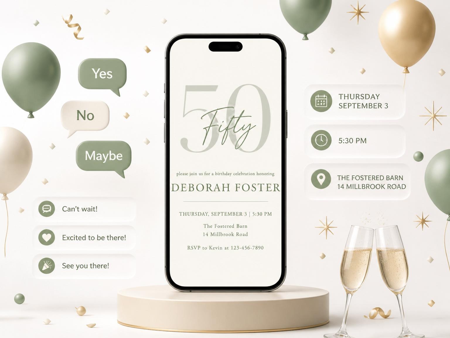 The Cream and Sage 50th Birthday invitation on a phone, with guest RSVPs arriving around it